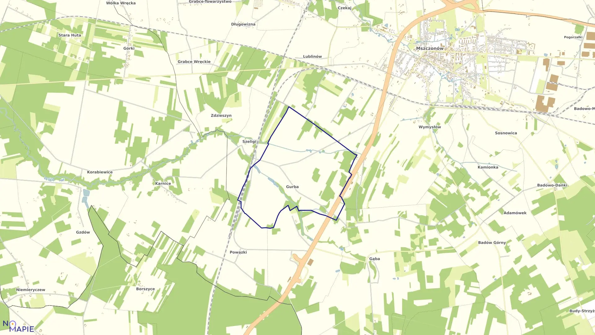 Mapa obrębu GURBA w gminie Mszczonów